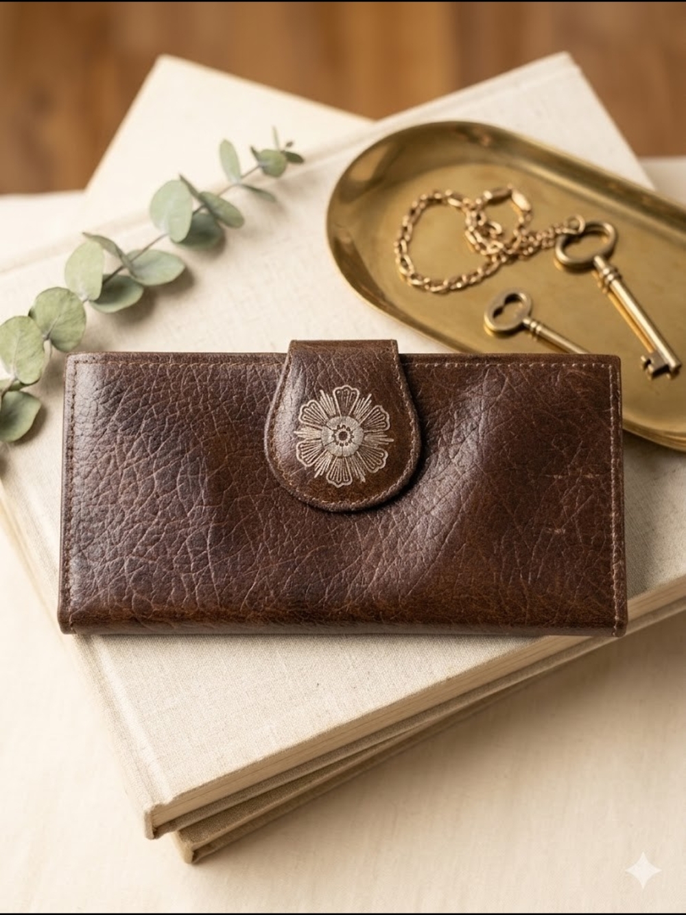 Vintage Pitt Leather Kiss Lock Floral Embellished Boho Retro Wallet